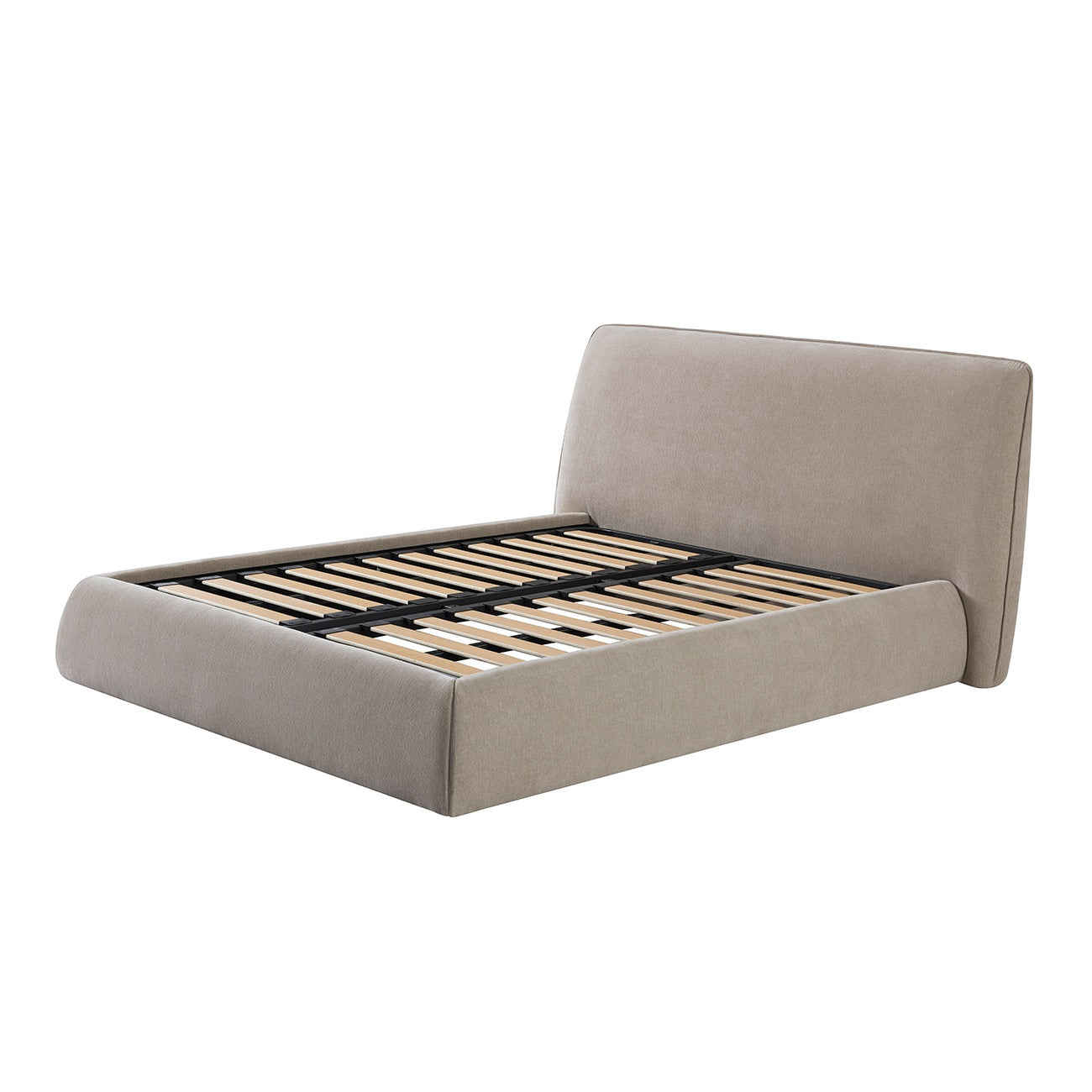 Beige upholstered bed frame with wooden slats on a white background