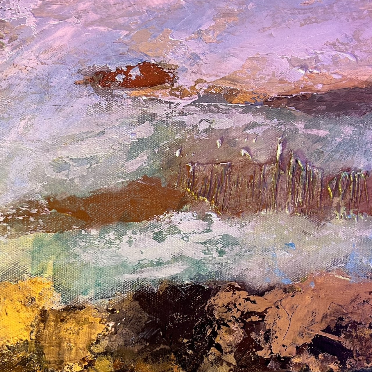 Translucence Painting by Julia Talbott Dunn, original abstract acrylic of a coastal scene. Blue, gold, white detail