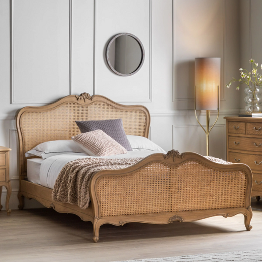 Wooden bed with wicker design in a bedroom setting