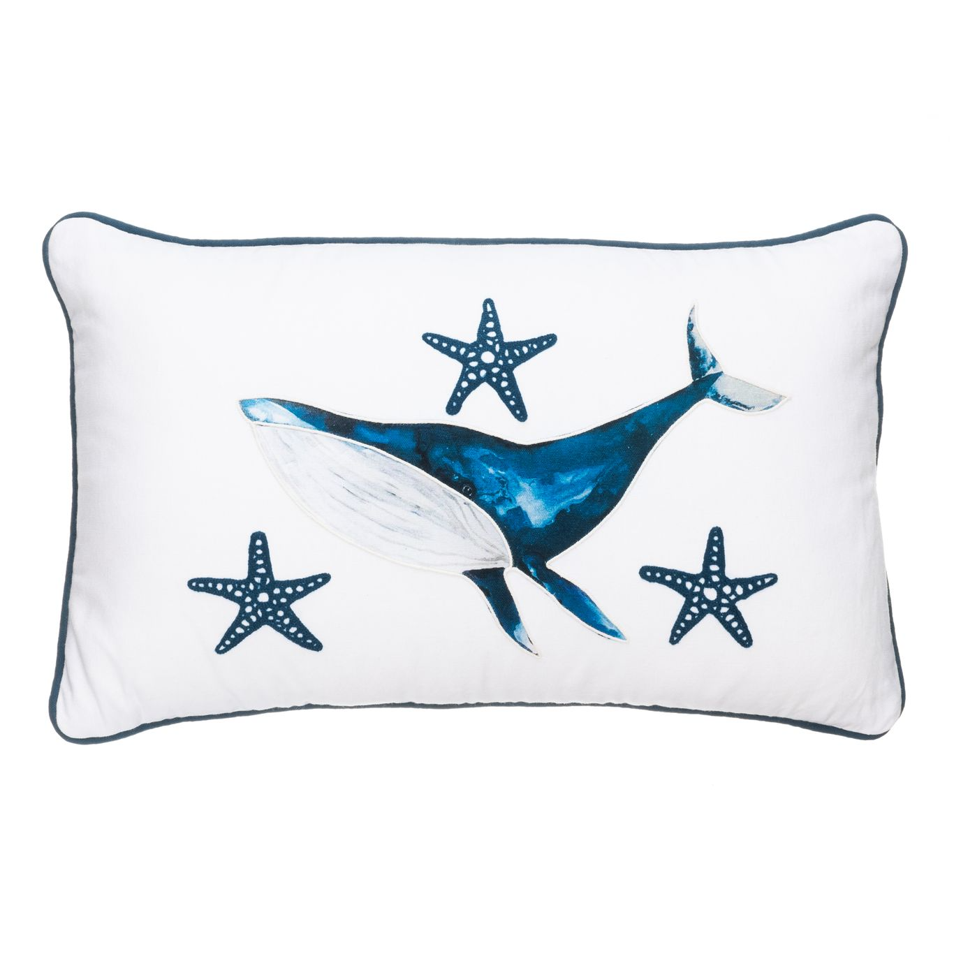 Decorative pillow with whale and starfish design on a white background