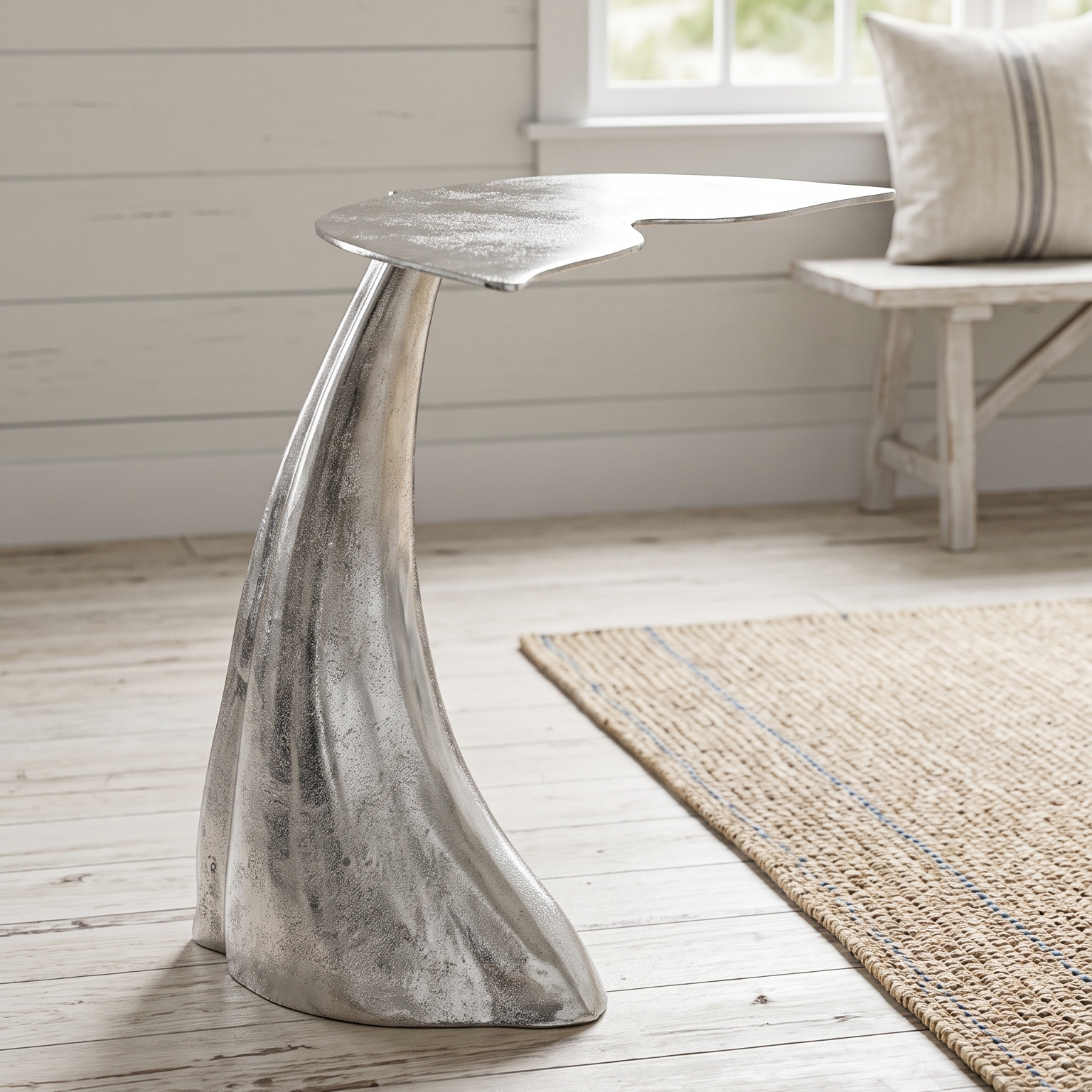 A sculptural, shell-shaped side table with a weathered silver finish stands in a bright, coastal-themed room with white shiplap walls, a window overlooking the ocean, and a woven rug.