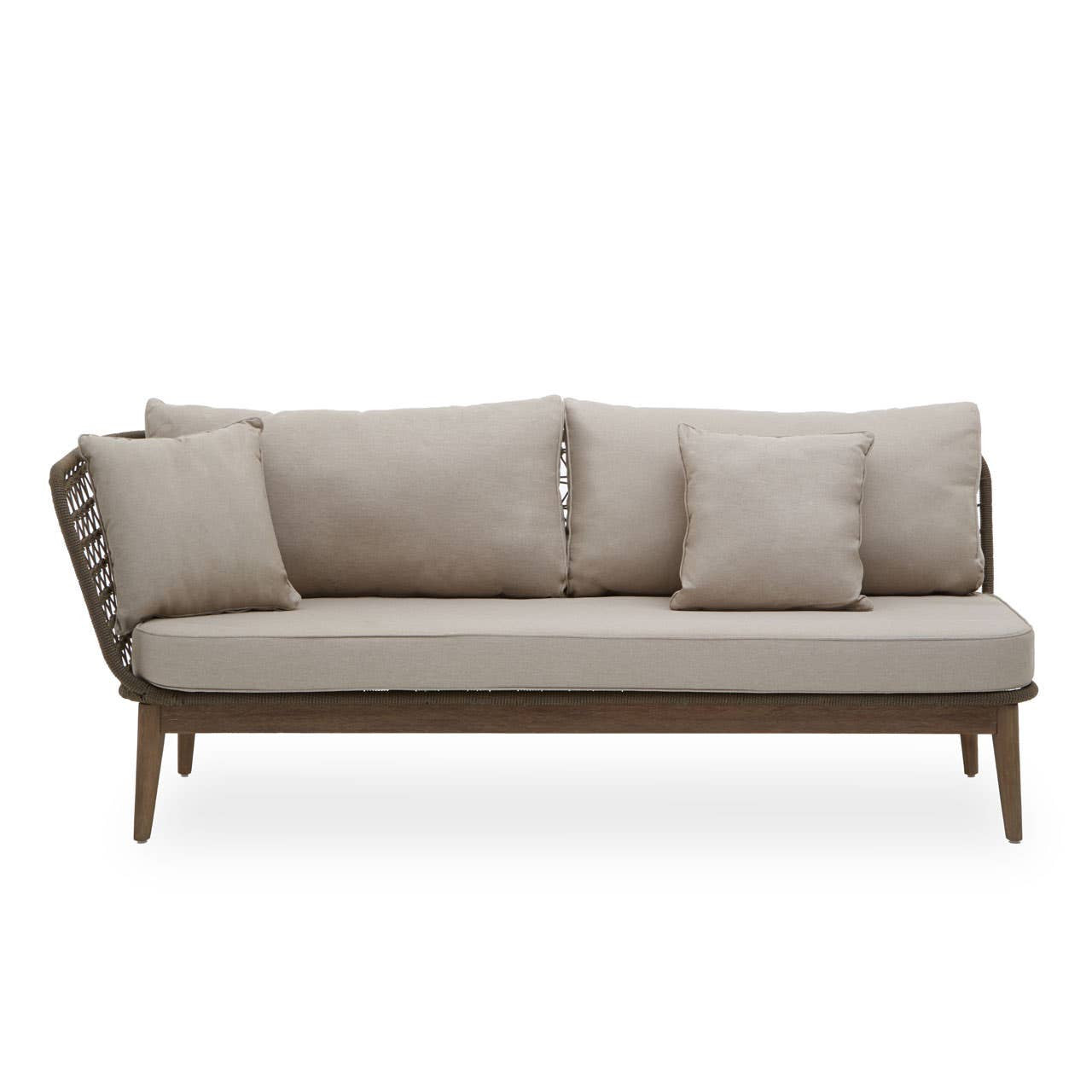 Beige outdoor sofa with cushions on a white background
