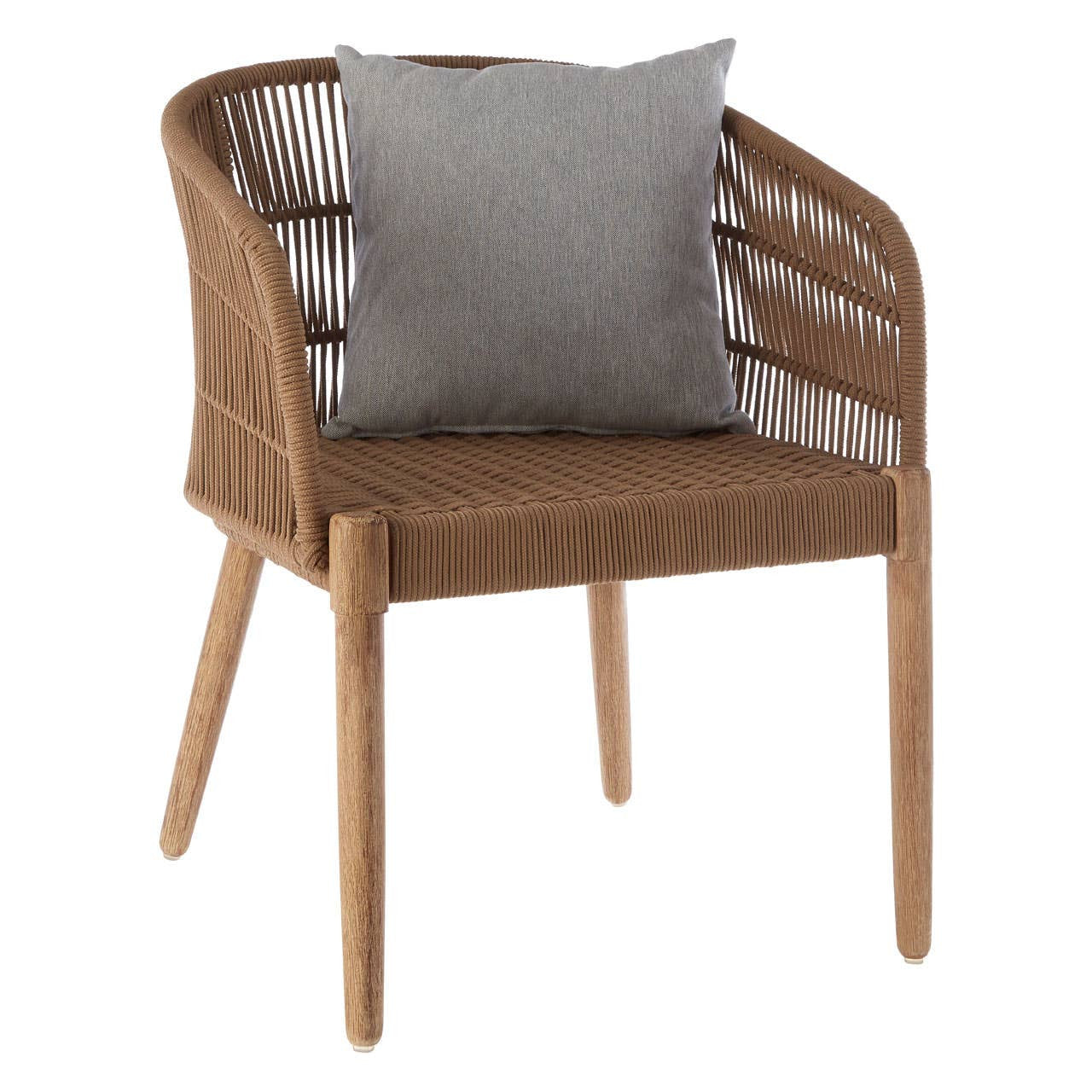 Brown wicker chair with a gray cushion on a white background