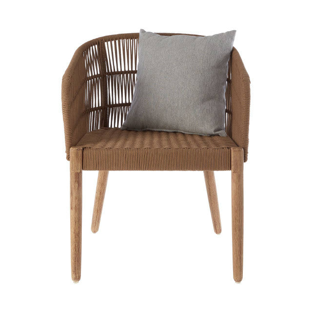 Brown wicker chair with a gray cushion on a white background