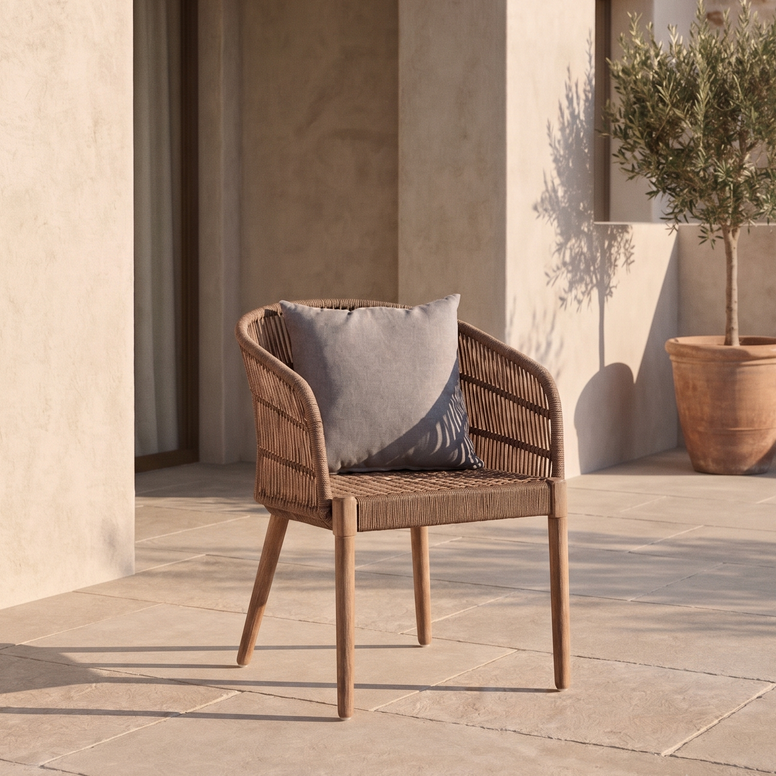 Wicker chair with a cushion on a stone patio, surrounded by a stone wall and potted plant.