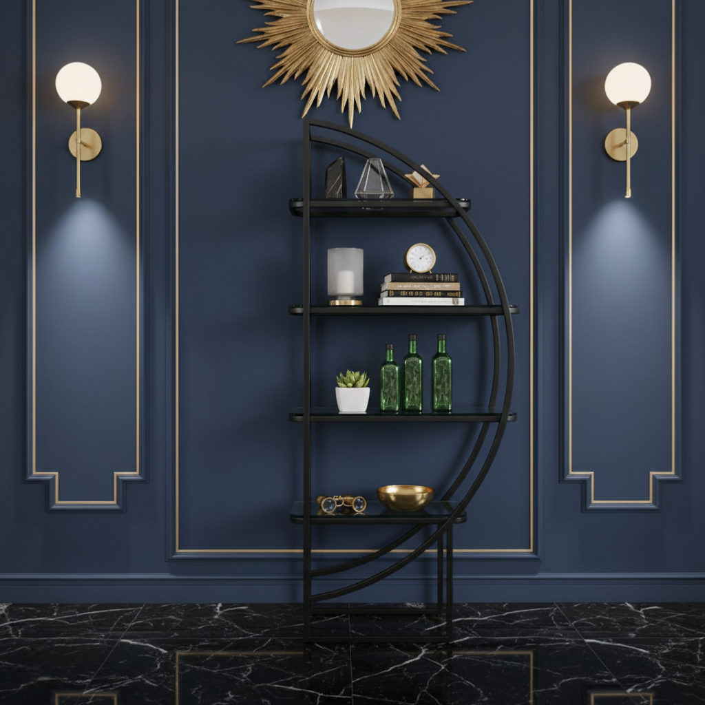 Decorative shelf against a blue wall with gold accents