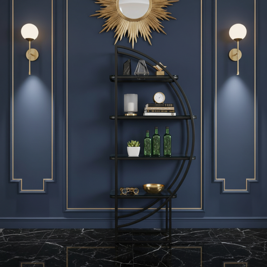 Decorative shelf against a blue wall with gold accents