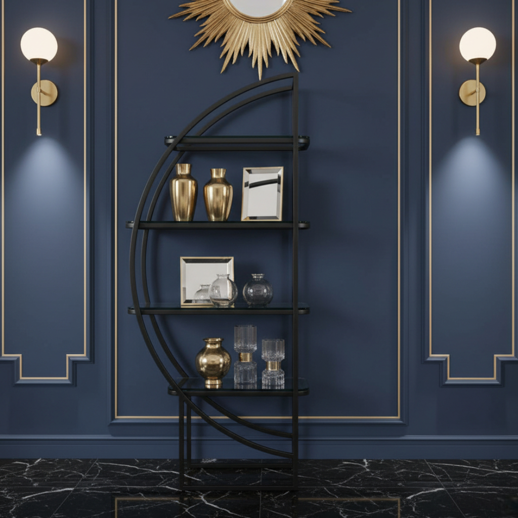 Decorative black shelf with gold and silver items against a blue wall with gold accents.