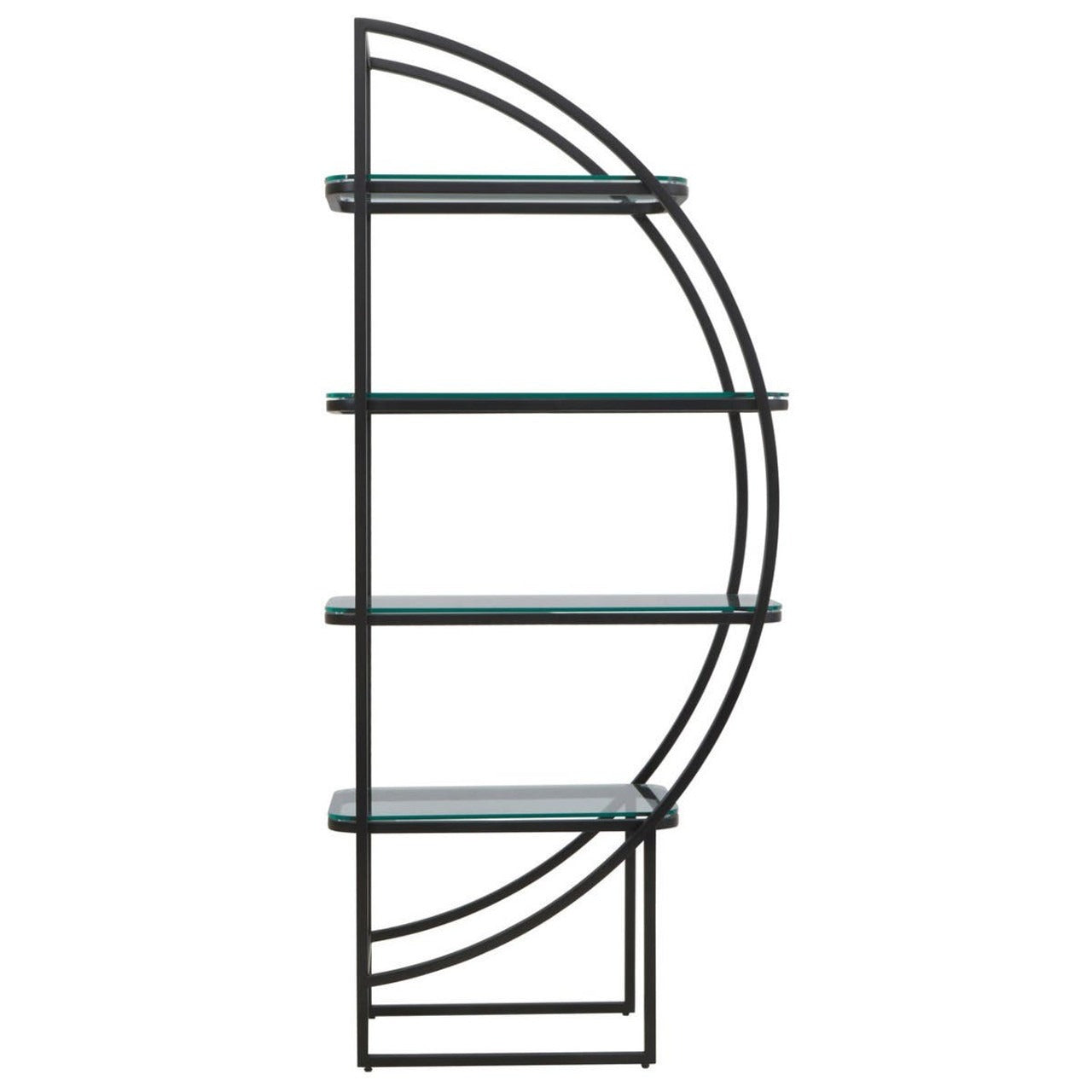 Curved glass shelf with black metal frame on a white background