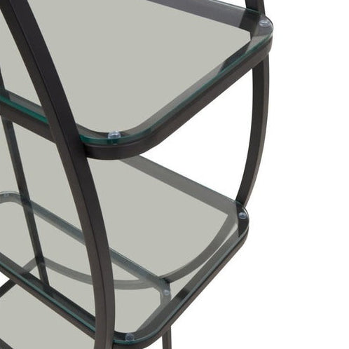 Glass shelf with black metal frame on a white background