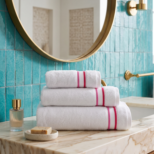 Stack of white towels with red stripes on a marble countertop in a bathroom with blue tiles and a mirror.