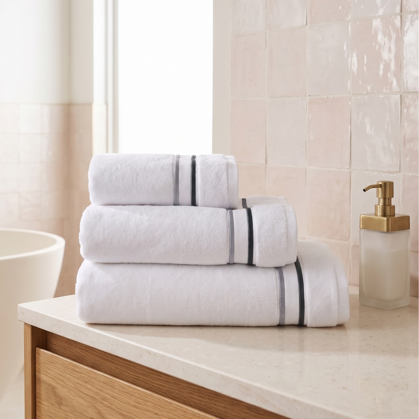 Stack of white towels with black stripes on a bathroom counter.