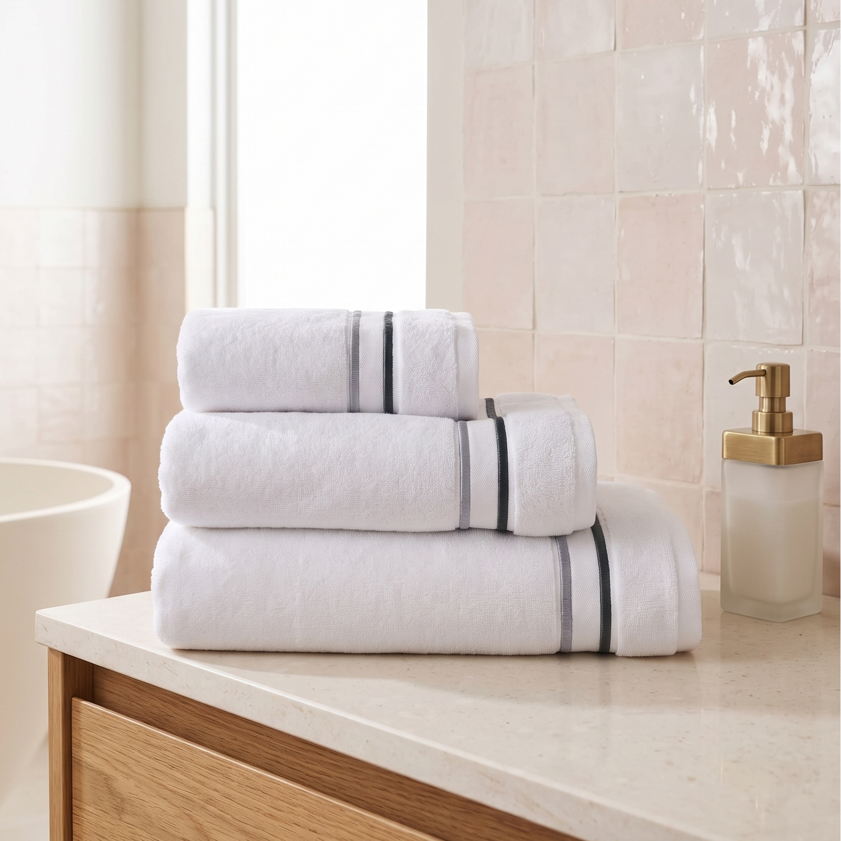 Stack of white towels with black stripes on a bathroom counter.