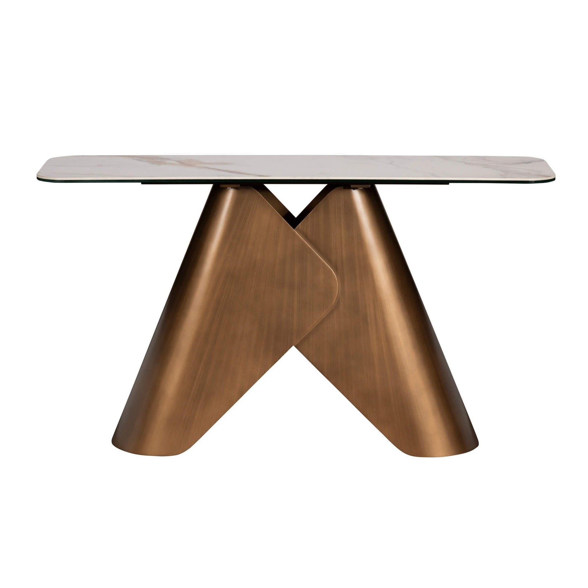Modern table with a metallic bronze base and light-colored top on a white background
