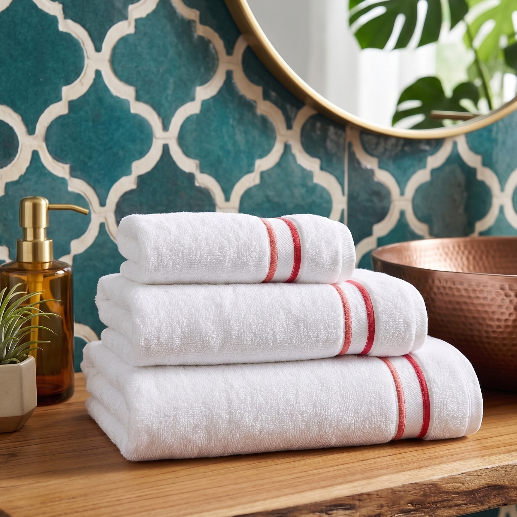 Stack of white towels with red stripes on a wooden surface against a decorative wall.