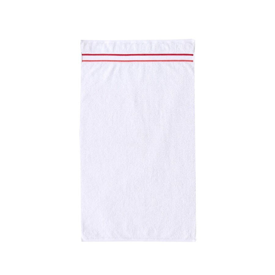 White towel with red stripe on a white background
