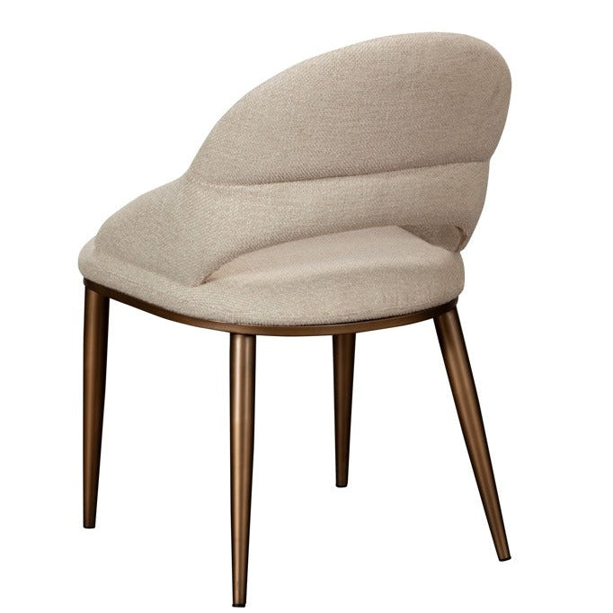 Beige cushioned chair with wooden legs on a white background