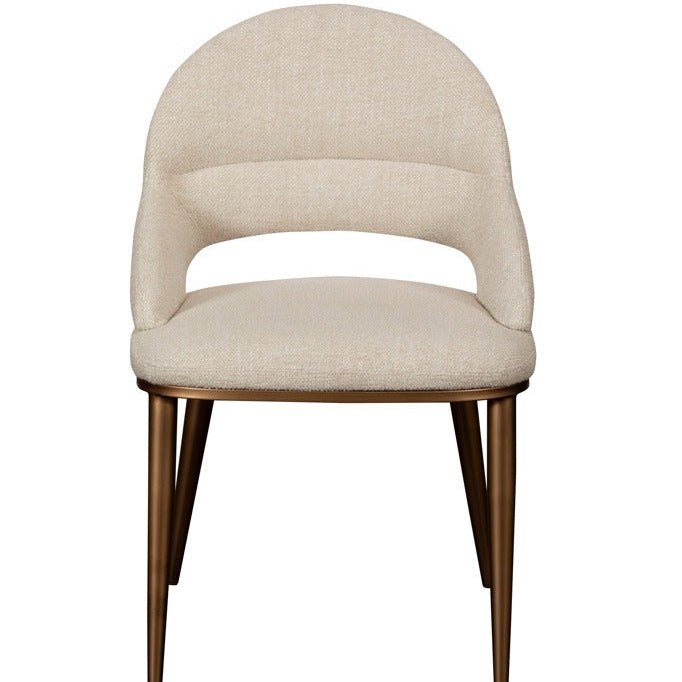 Beige upholstered chair with wooden legs on a white background
