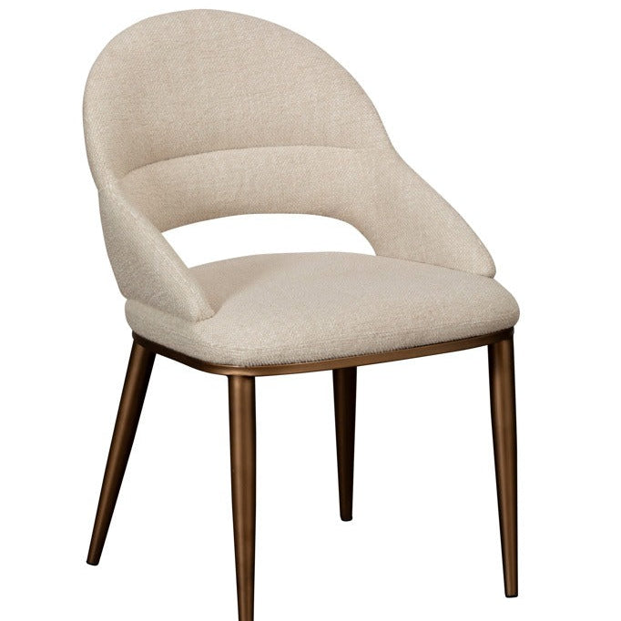 Beige upholstered chair with wooden legs on a white background