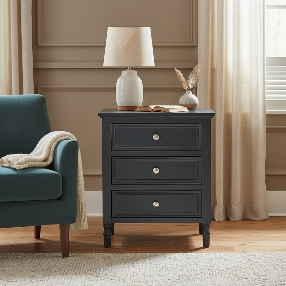 Black nightstand with lamp and decor in a room with a teal chair and beige curtains.