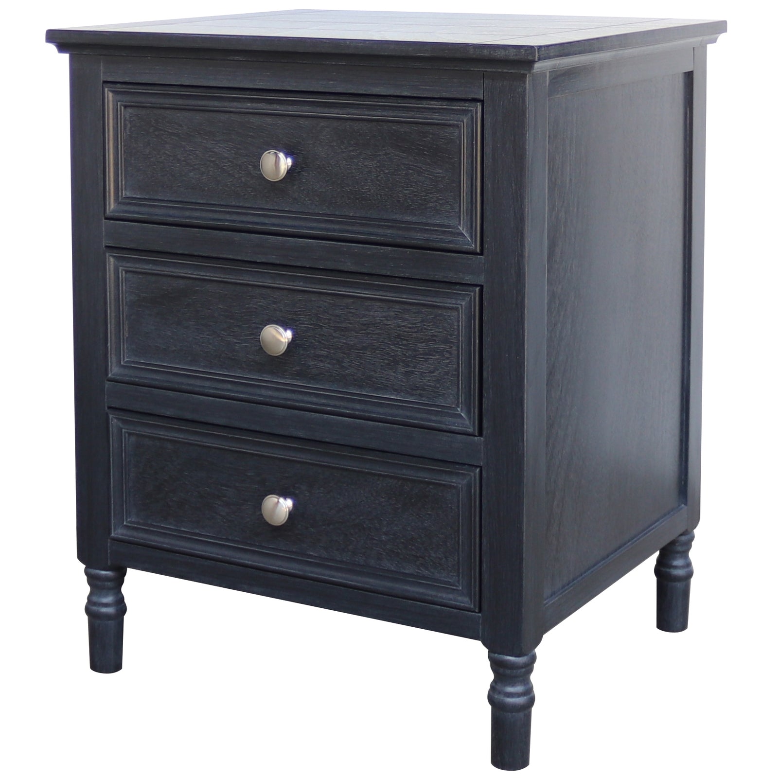 Black three-drawer nightstand with silver knobs on a white background