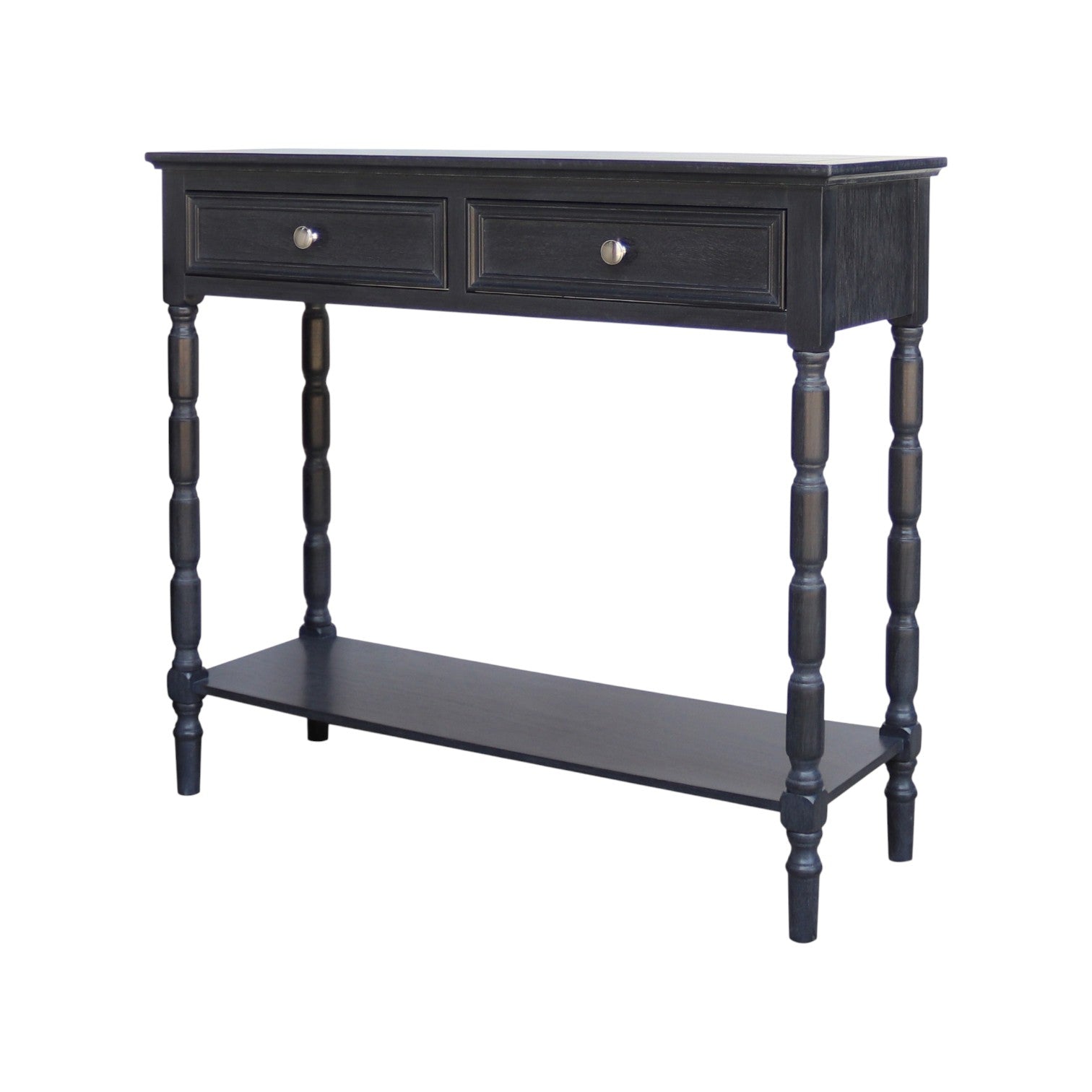 Black console table with two drawers and a shelf on a white background