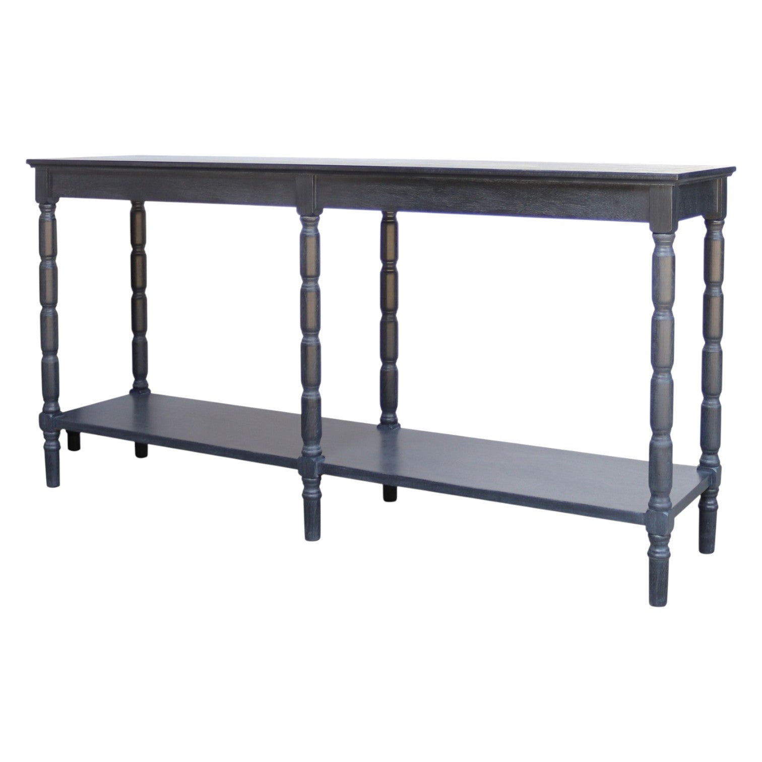 Dark wood console table with a shelf on a white background