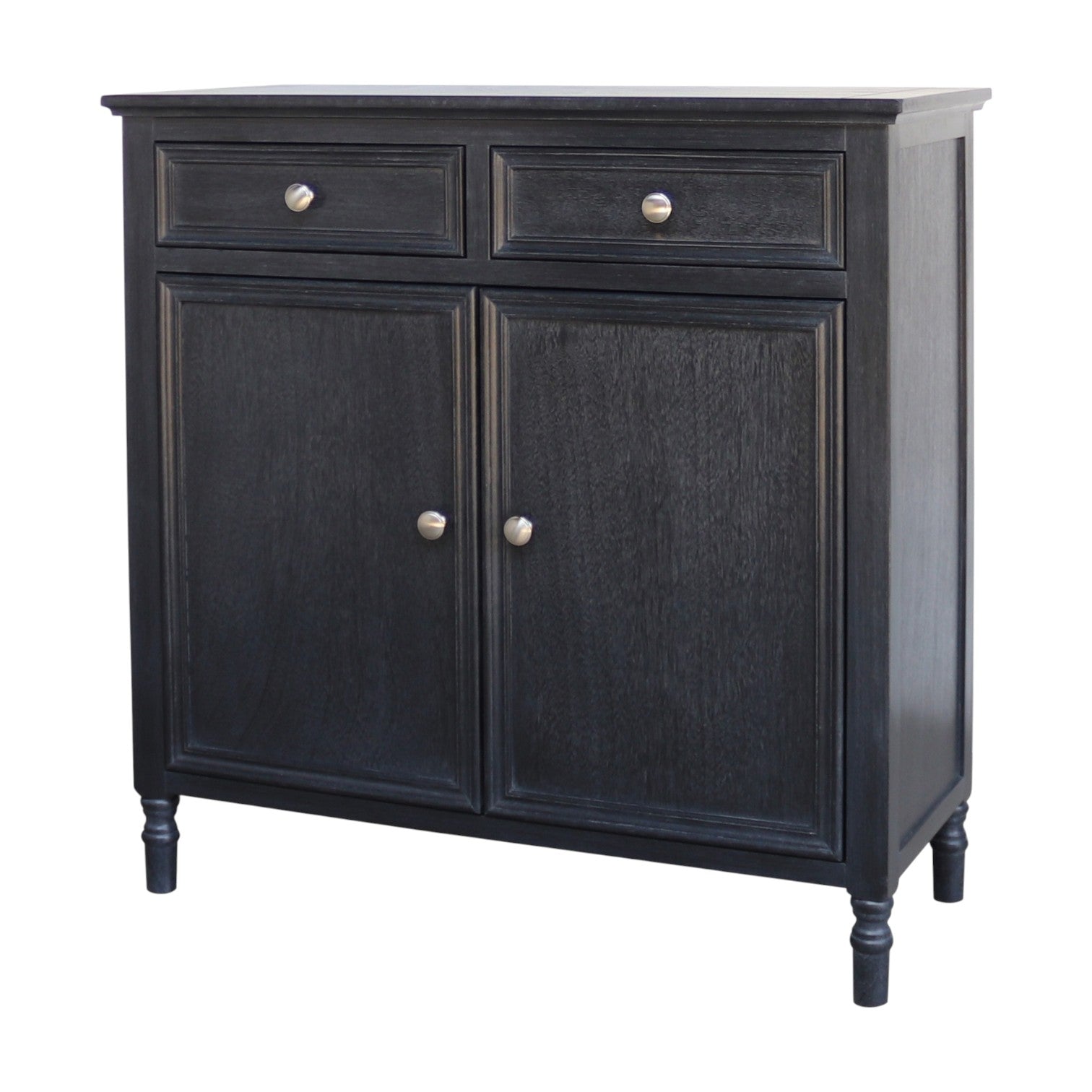 Black cabinet with two doors and two drawers on a white background