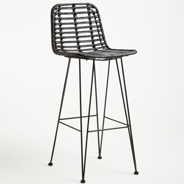 Black bar stool with woven seat on a white background