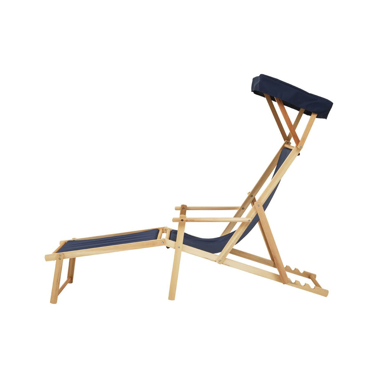 Foldable wooden lounge chair with navy cushions on a white background