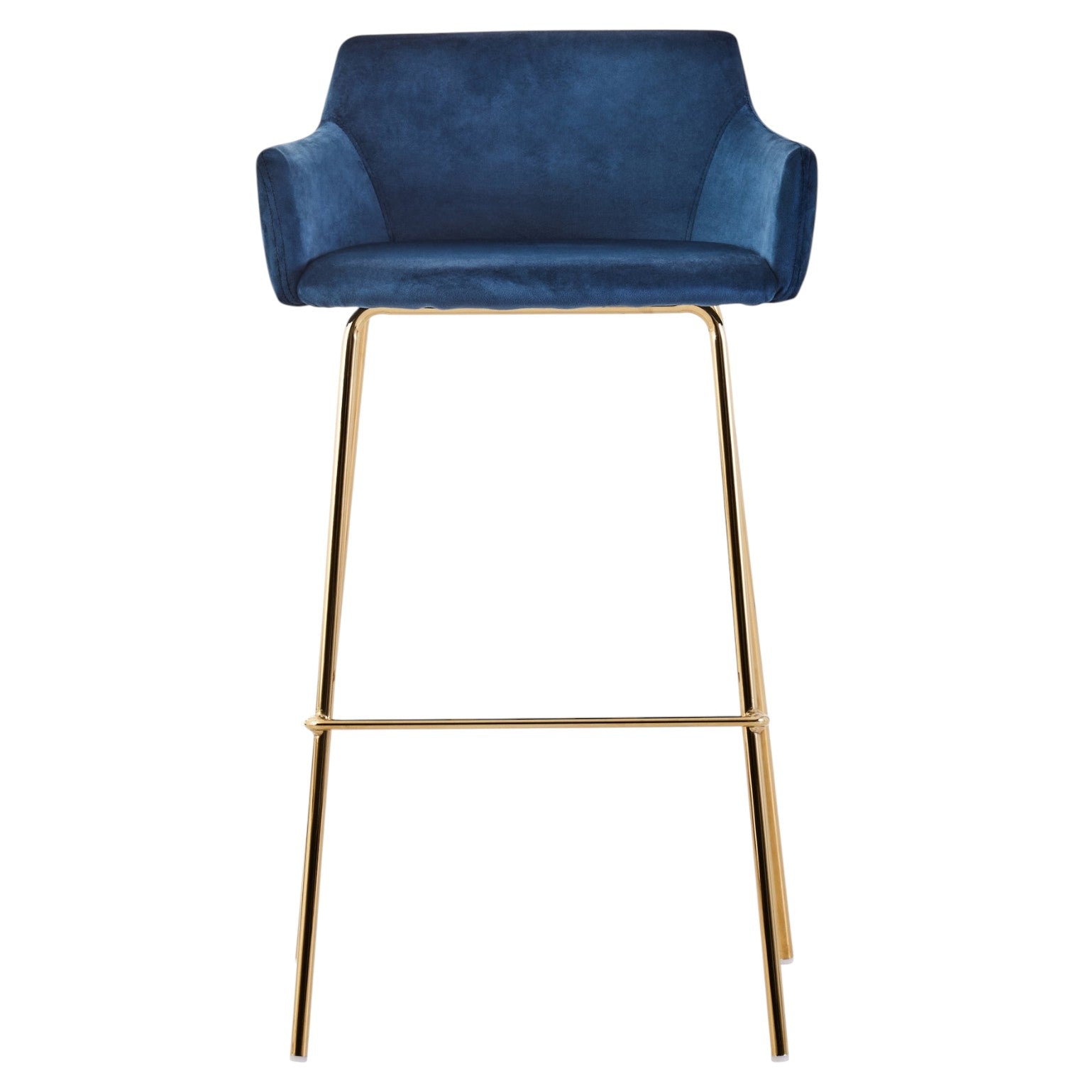 Blue bar stool with gold legs on a white background