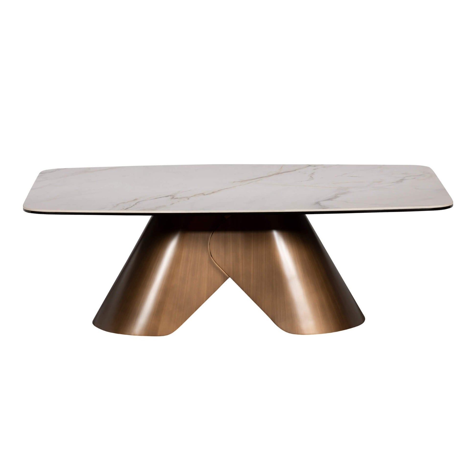 Coffee table with marble top and wooden legs on a white background