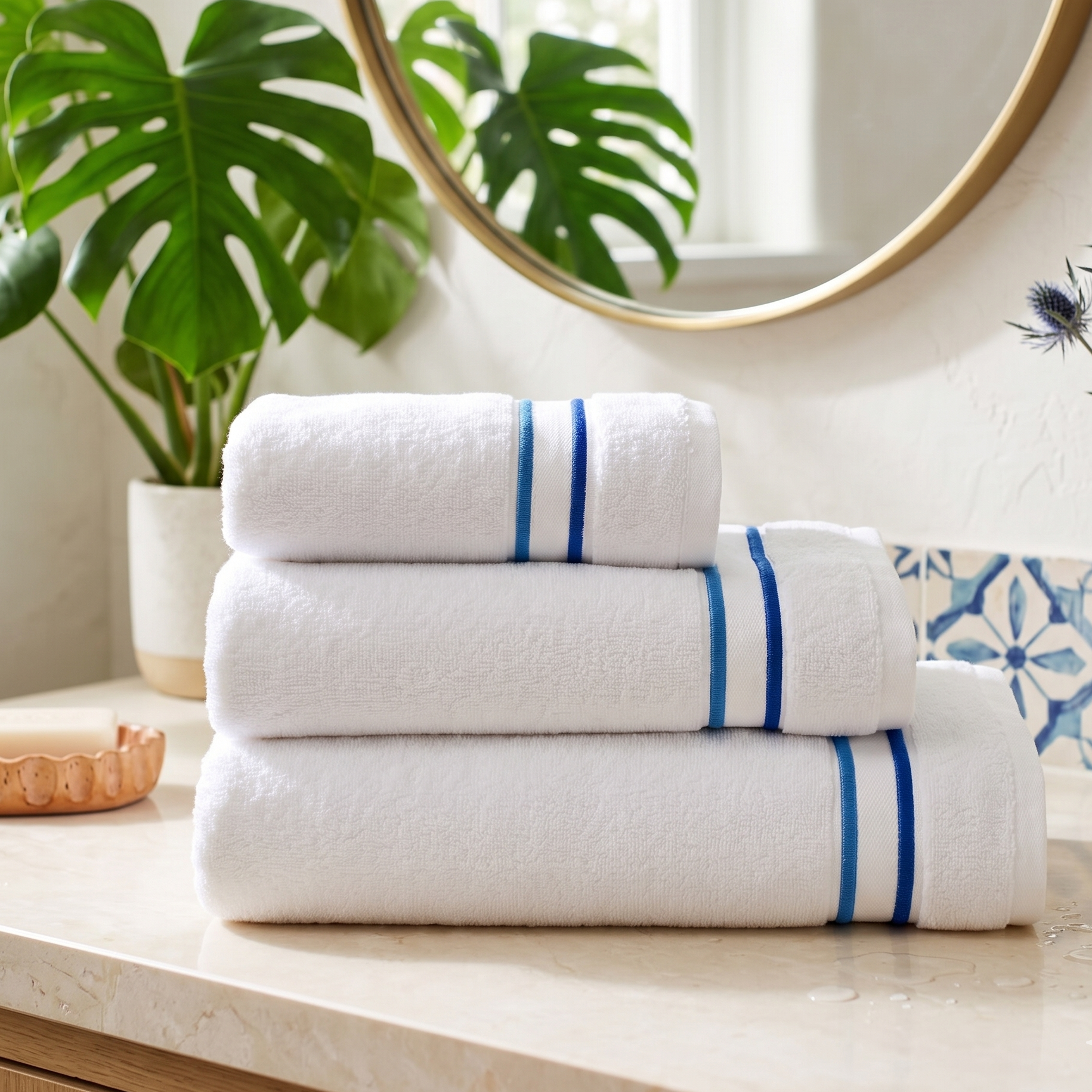 Stack of white towels with blue stripes on a bathroom counter, with a mirror and plant in the background.