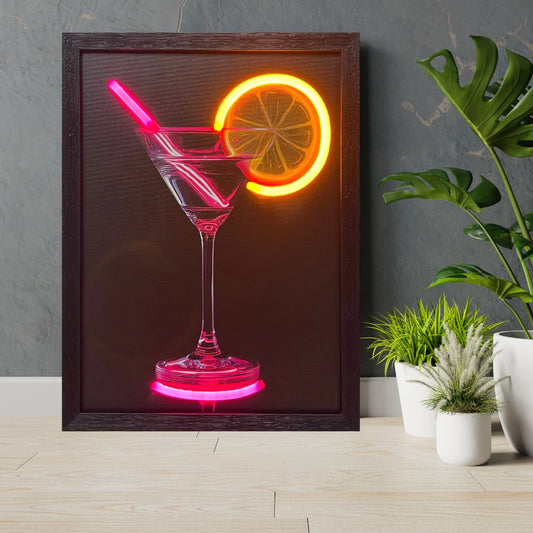 Neon sign of a cocktail glass with a slice of lemon on a dark background, placed indoors.