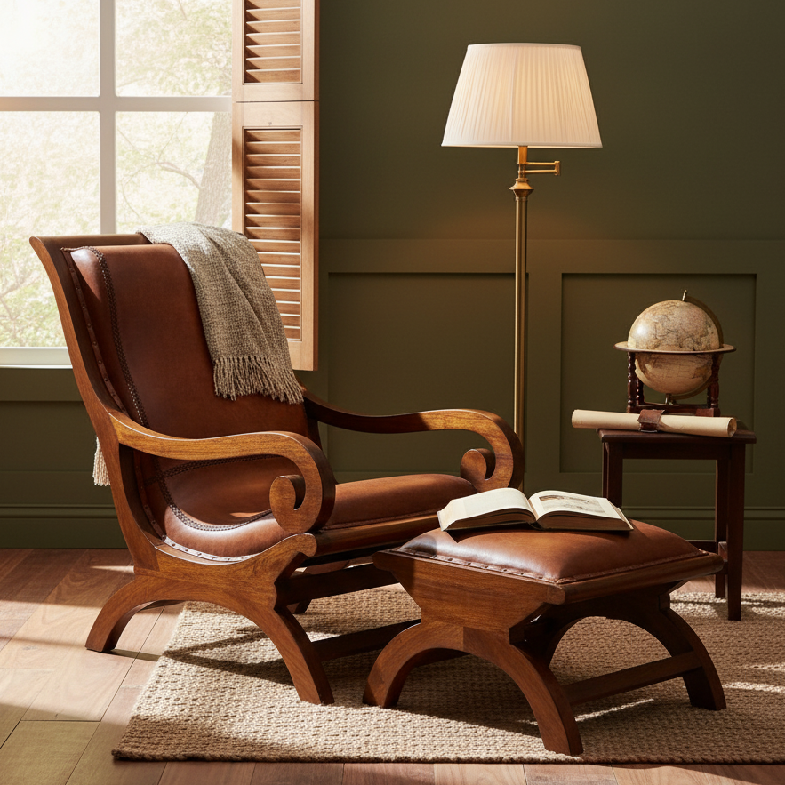 Wooden armchair with ottoman in a room with a lamp and globe