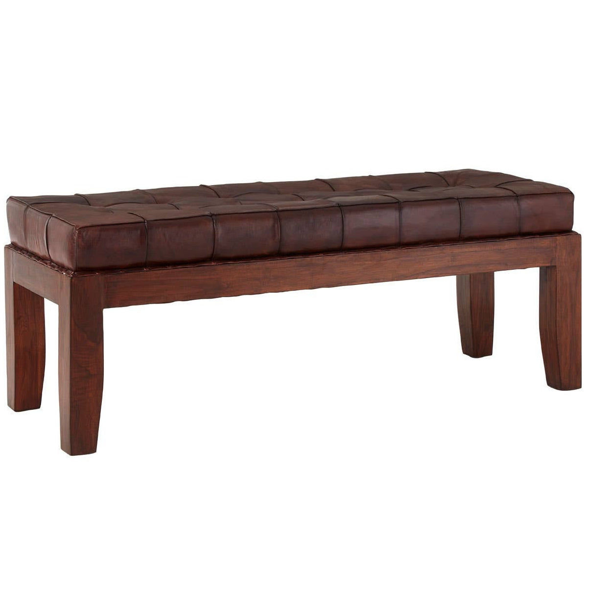 Brown leather bench with wooden frame on a white background