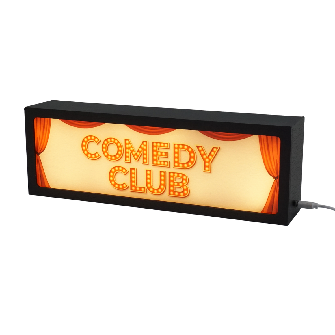 Rectangular sign with 'Comedy Club' text and curtain design on a white background