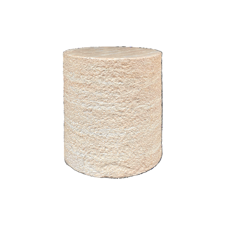 Round woven stool with a natural fiber texture on a white background