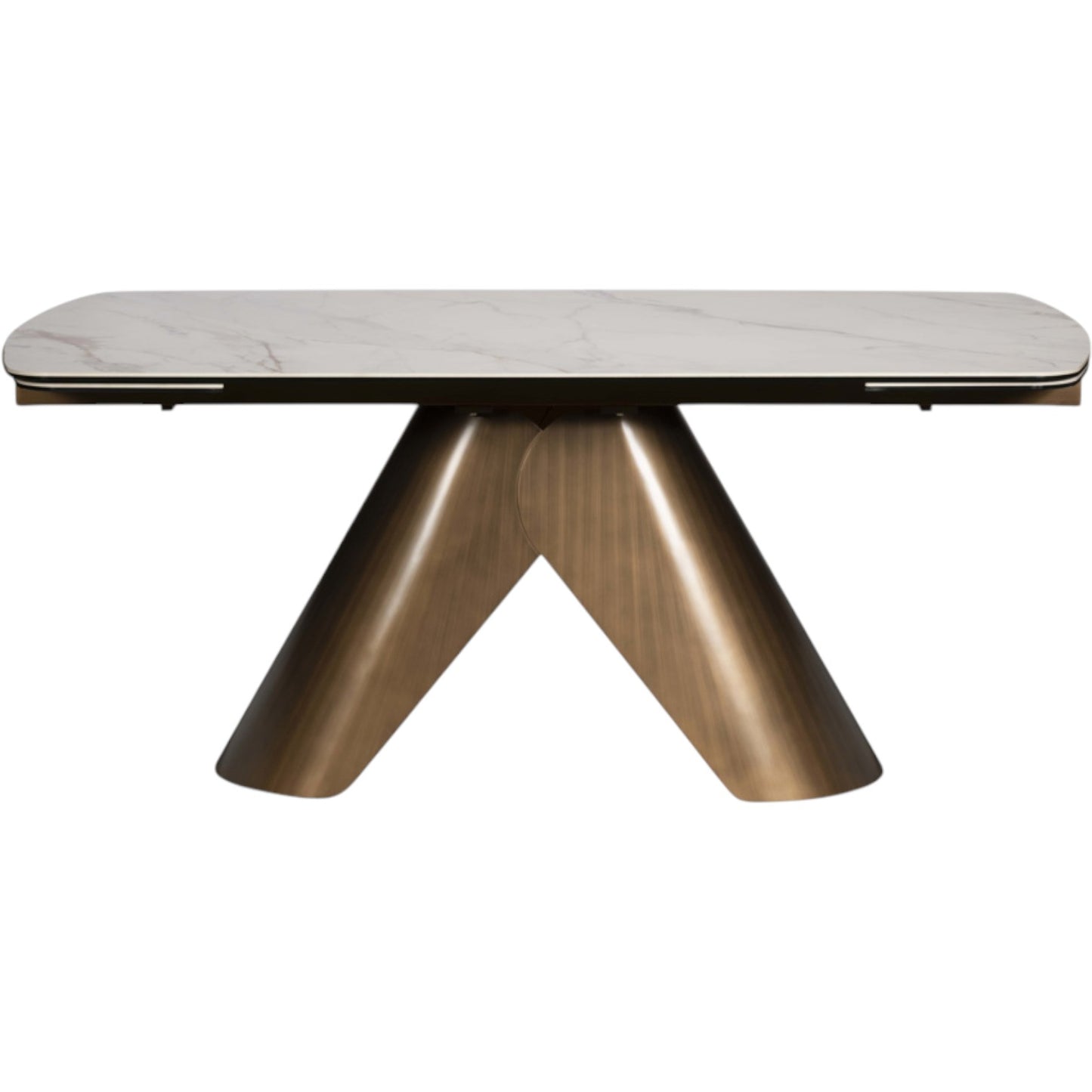 Dining table with marble top and bronze legs on a white background