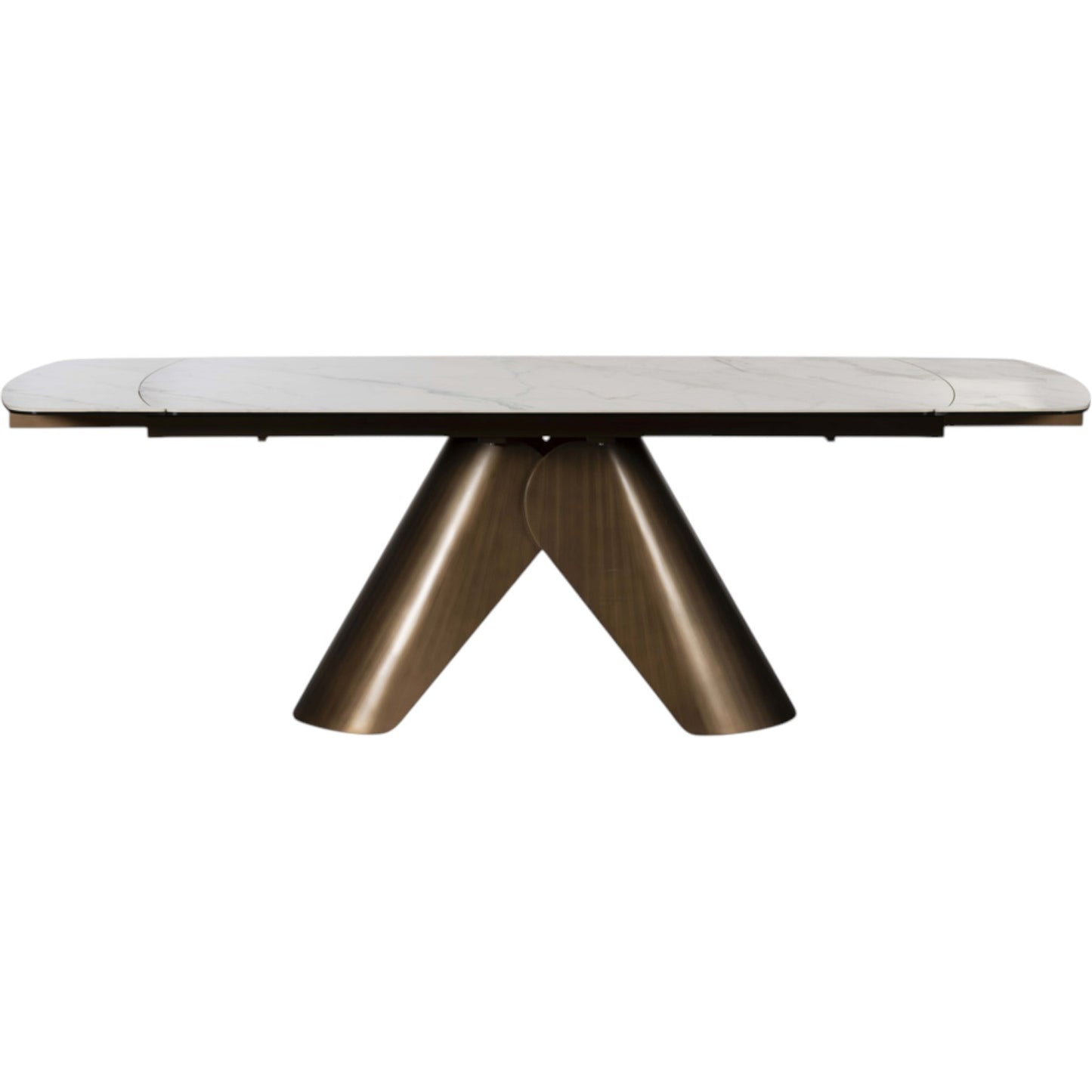 Dining table with marble top and metal legs on a white background