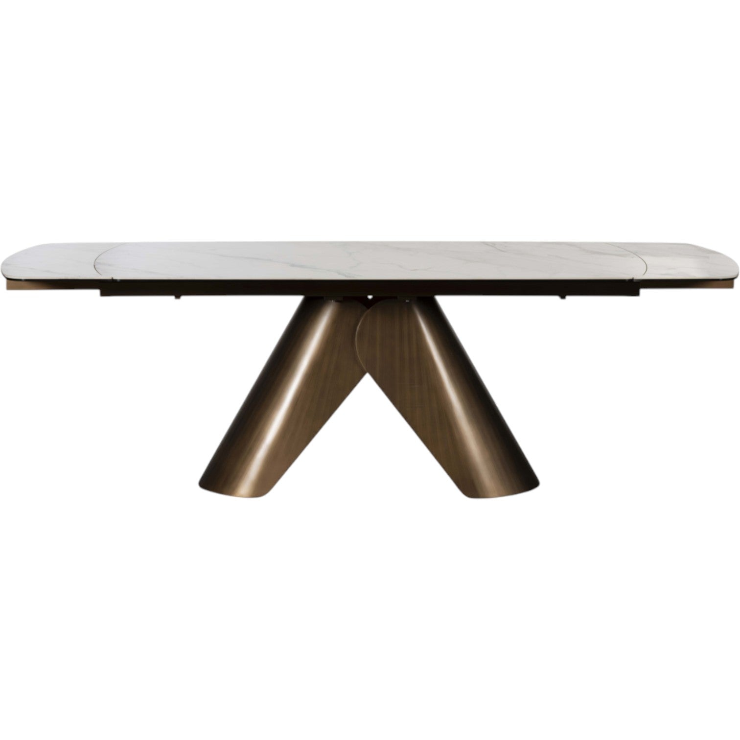 Dining table with marble top and metal legs on a white background
