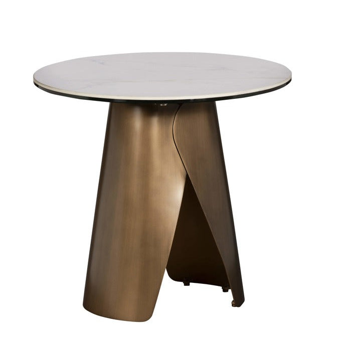 Round table with a white top and bronze base on a white background