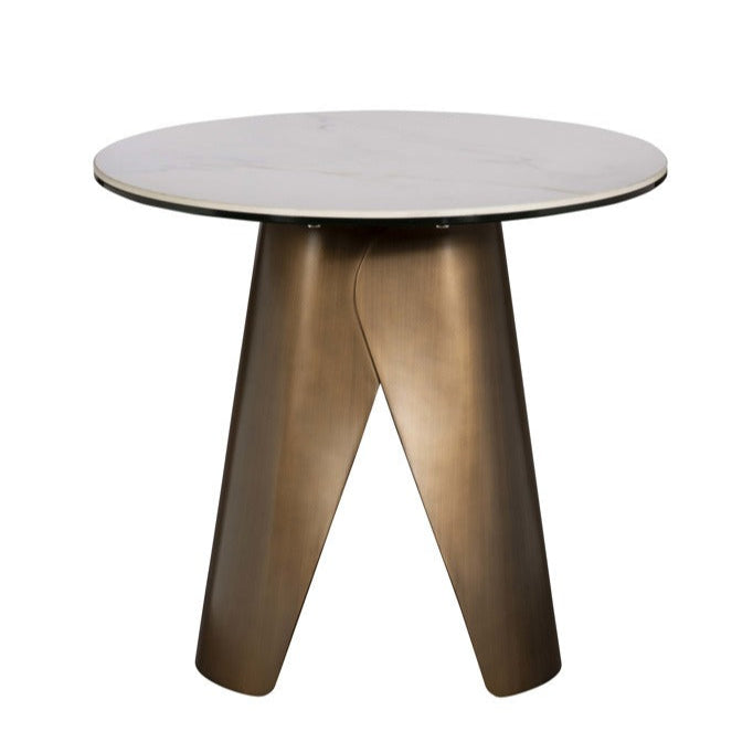 Round table with a white top and bronze legs on a white background