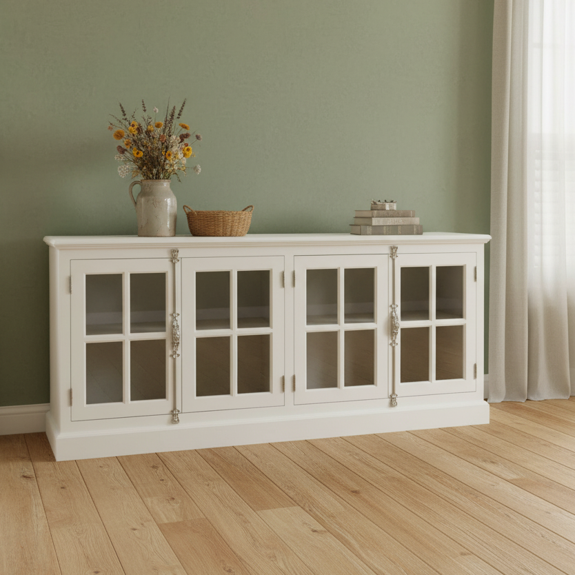 White cabinet with glass doors in a room with green walls and a window.