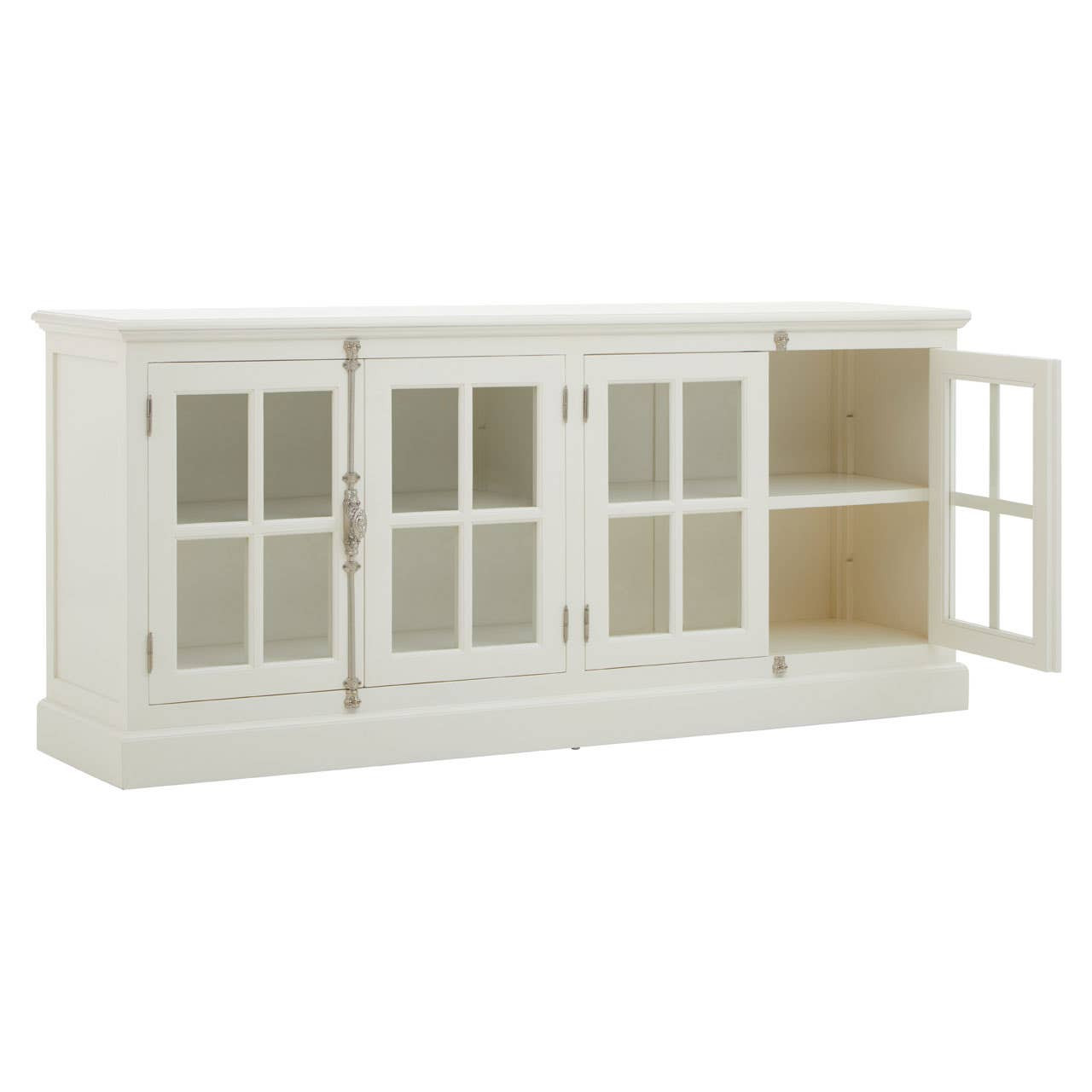 White cabinet with glass doors on a white background