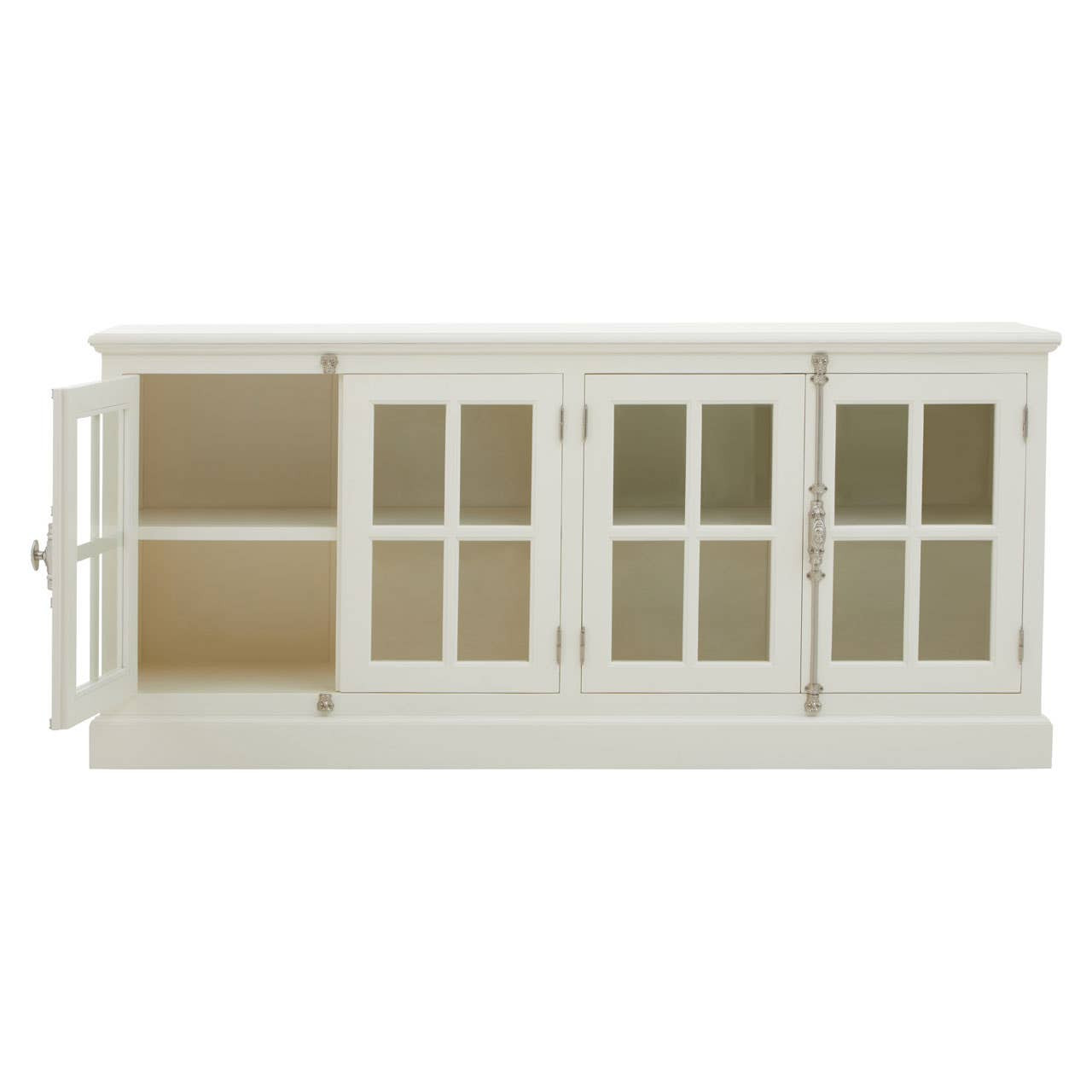 White sideboard with glass doors on a white background