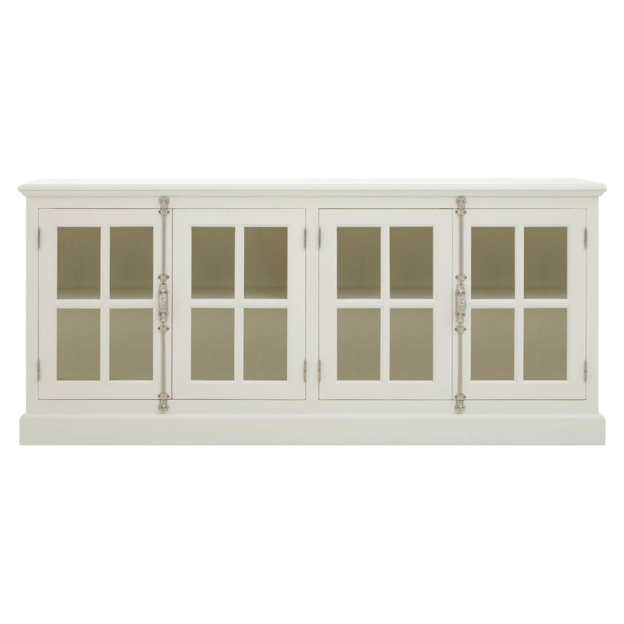 White sideboard with glass doors on a white background