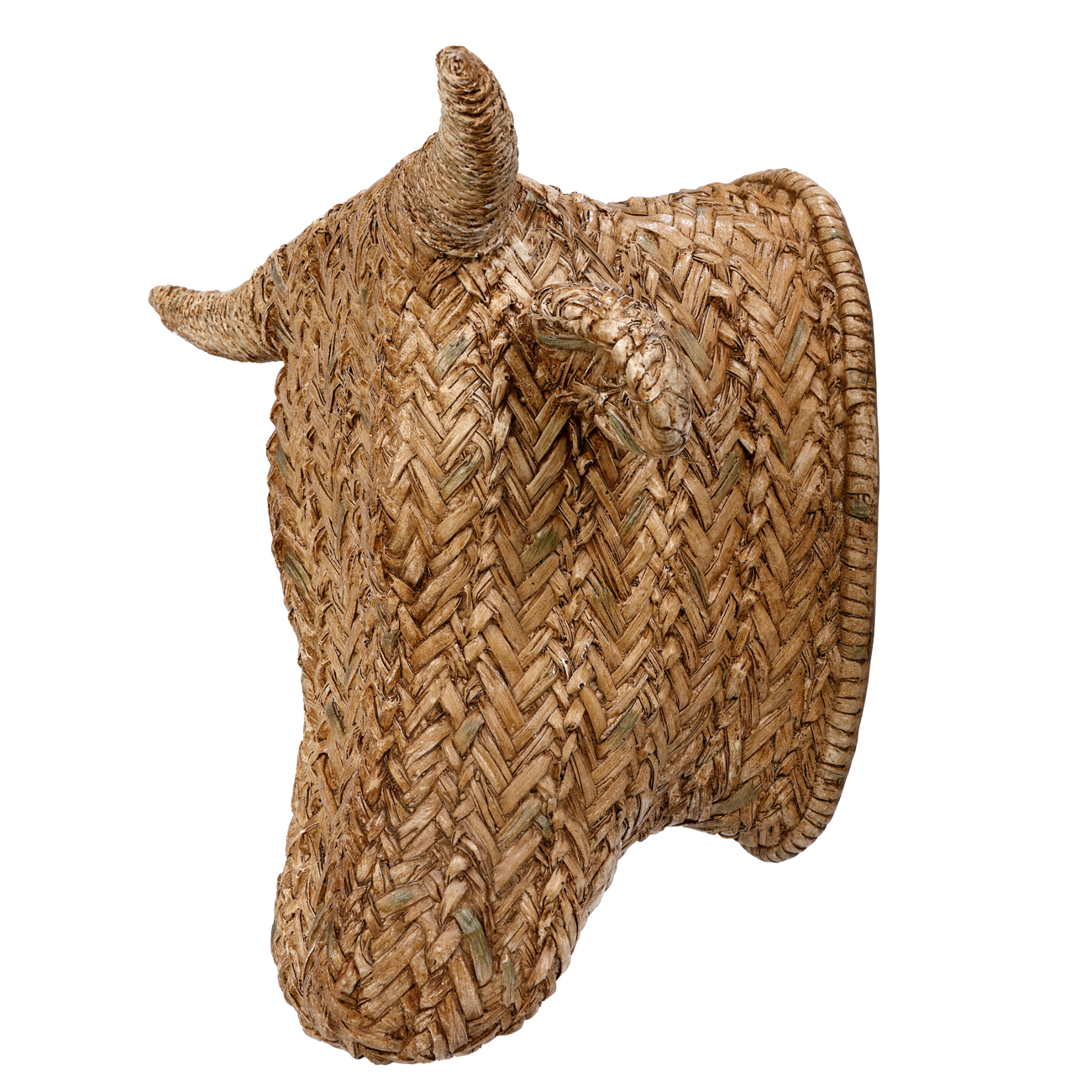 Woven bull head sculpture on a white background