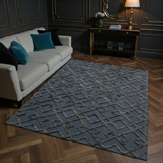 Living room with a patterned black rug, white sofa, and wooden coffee table.