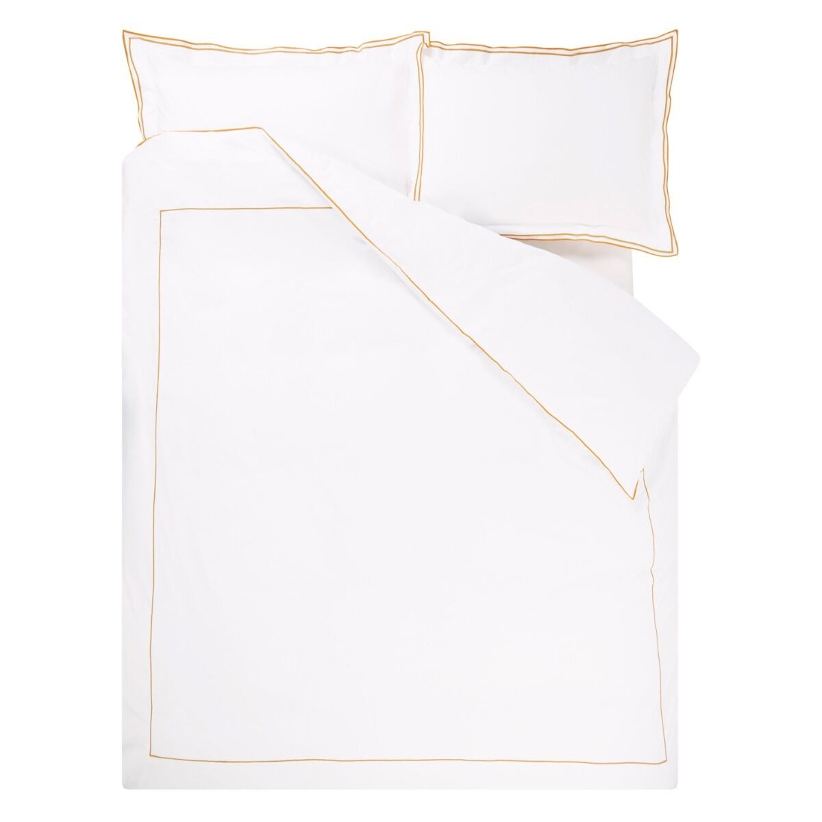 White bedding set with gold trim on a white background